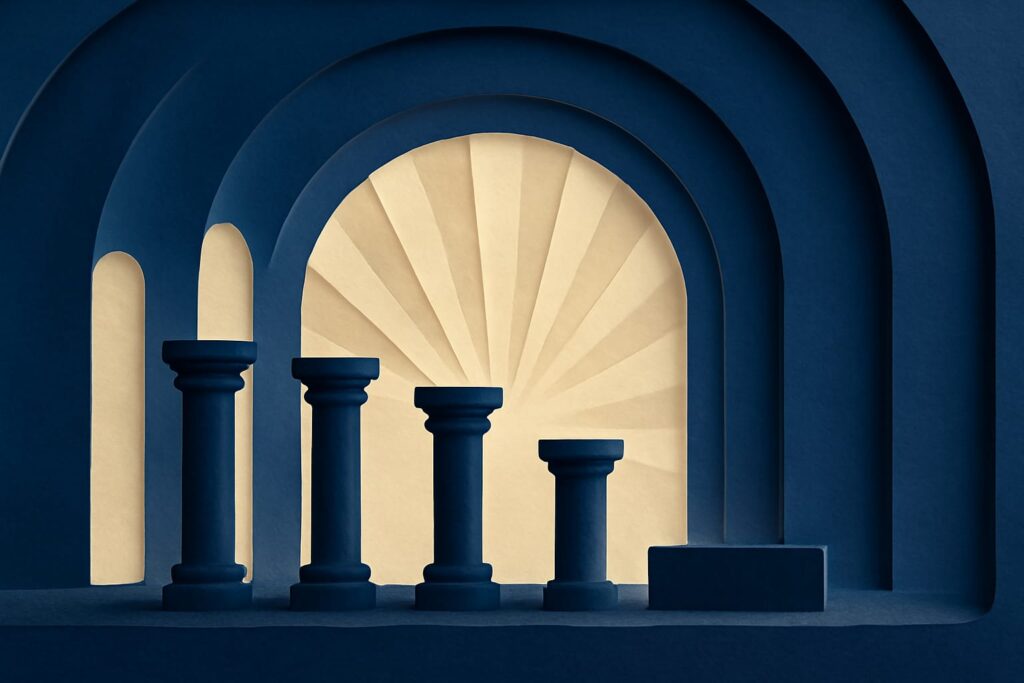 Editorial illustration in kirigami-cutout style depicting four columns representing volume, reference density, terminology, and throughput, multiplying together into one duration bar