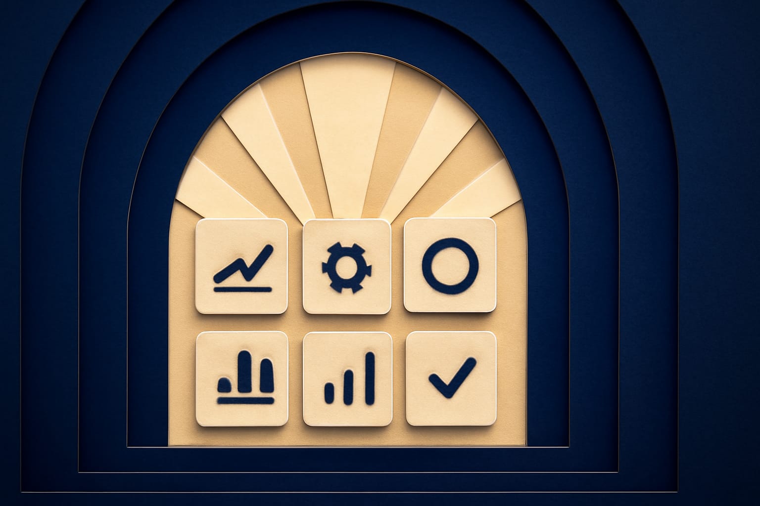 Editorial illustration in kirigami-cutout style depicting six dashboard cards for the six metrics an operator watches during a running import, laid out kirigami-style