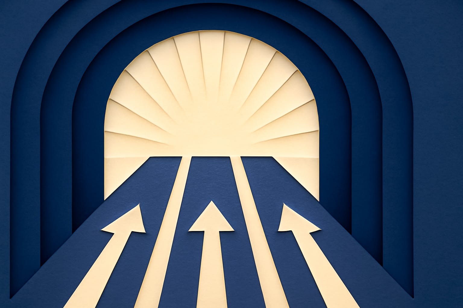 Editorial illustration in kirigami-cutout style depicting three ordered lanes of resource types running in parallel with reference arrows resolving cleanly forward, never backward