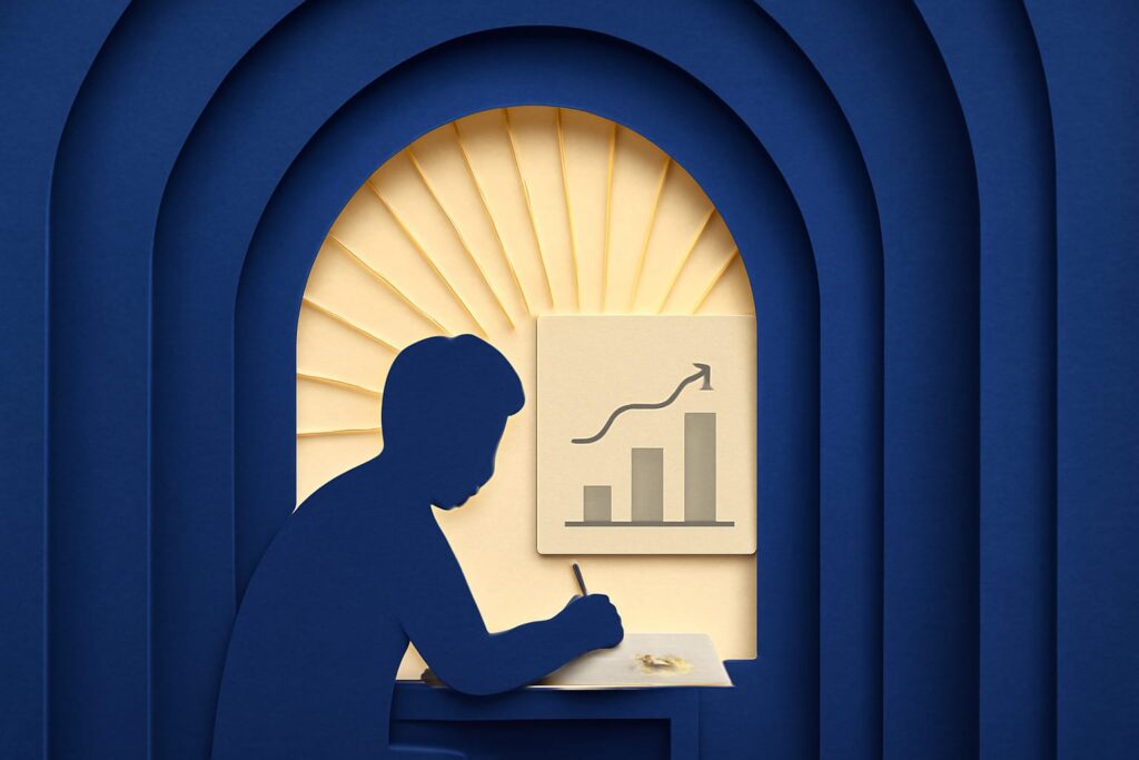 Editorial illustration in kirigami-cutout style depicting an operator sketching a duration range next to a warm-up chart, showing that estimates come from small trial runs rather than pure math