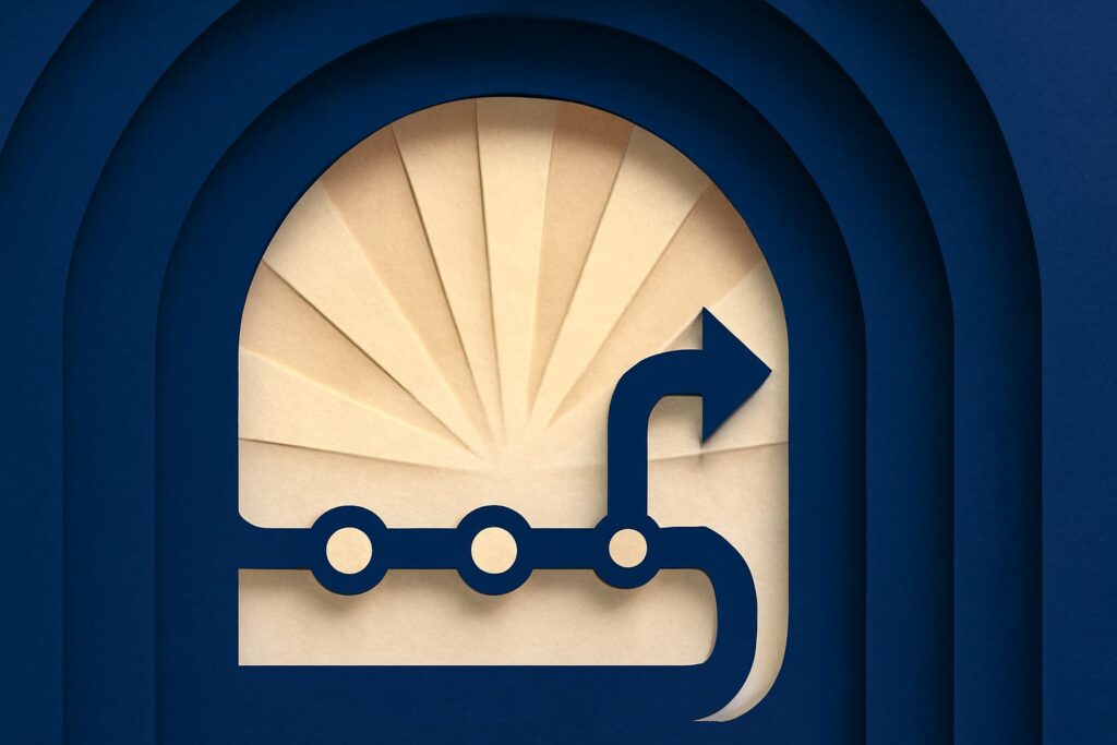 Editorial illustration in kirigami-cutout style depicting an import pipeline with checkpoint markers, a retry queue for transient failures, and a roll-forward branch that resumes work